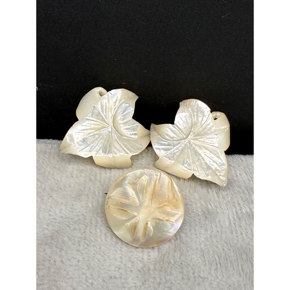 Estate Jewelry - Vintage Mother Of Pearl Brooch Earrings Set Screw‎ Back